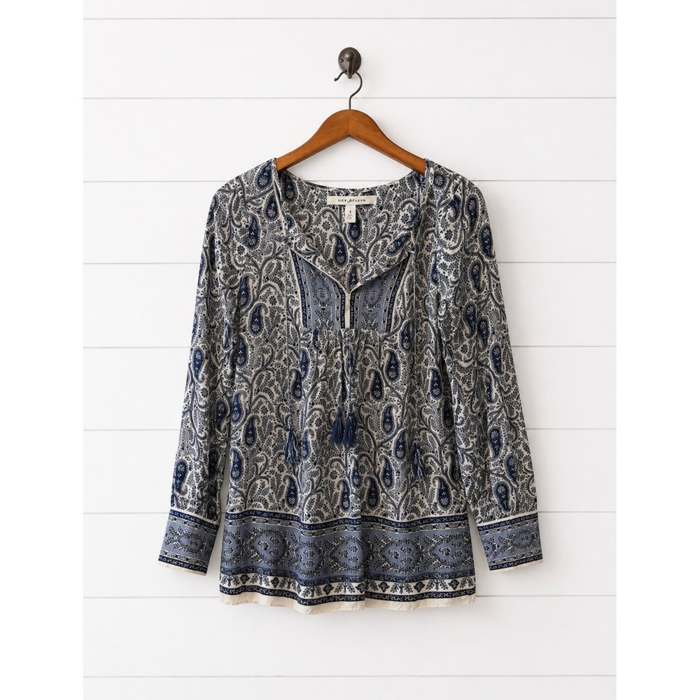 Max‎ Studio Blue White Paisley Boho Tassel Tie Blouse Rayon Size Small